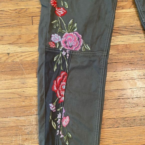 Anthropologie Floral Embroidered Pants - Olive Green with Pink and Red Accents - Picture 4 of 10